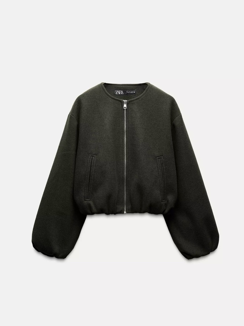 Zara Dark Olive Cropped Zip Bomber Jacket